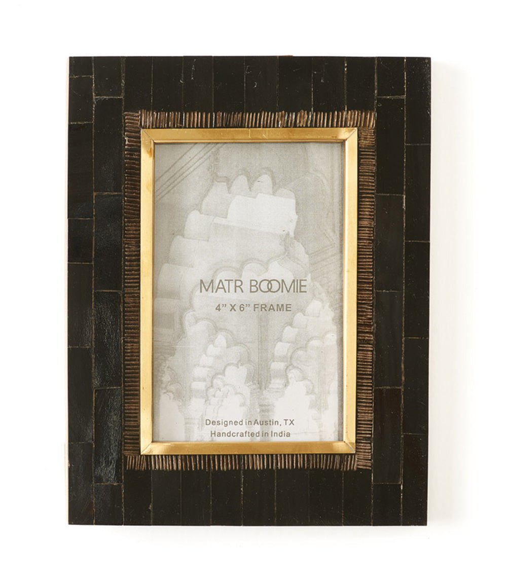 Andhera 4x6 Black Picture Frame - Hand Carved Horn, Brass Inlay HME stock line La Vie Bien Andhera 4x6 Black Picture Frame - Hand Carved Horn, Brass Inlay