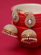 Anikas Creation Off-White & Gold-Polished Contemporary Jhumkas Anikas Creation La Vie Bien Anikas Creation Off-White & Gold-Polished Contemporary Jhumkas