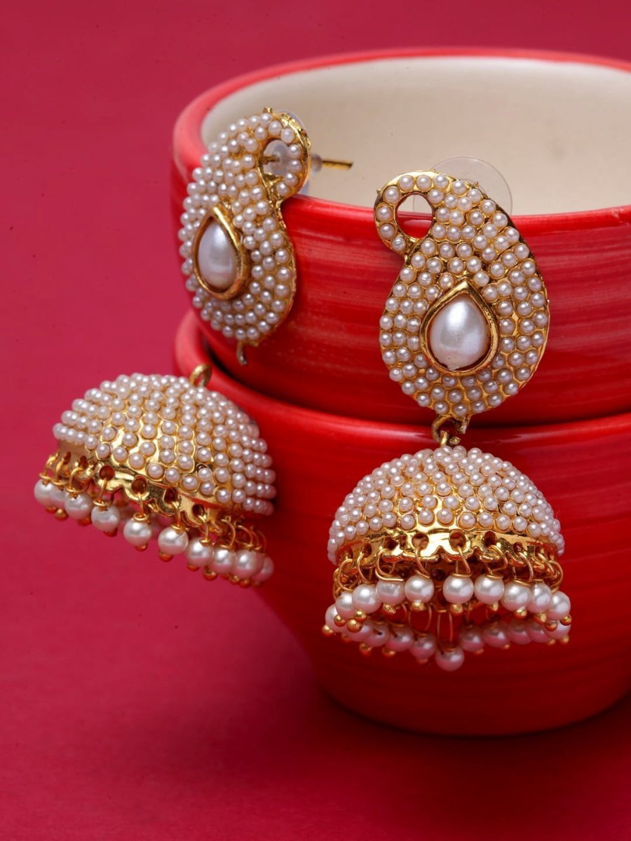 Anikas Creation Off-White & Gold-Polished Contemporary Jhumkas Anikas Creation La Vie Bien Anikas Creation Off-White & Gold-Polished Contemporary Jhumkas