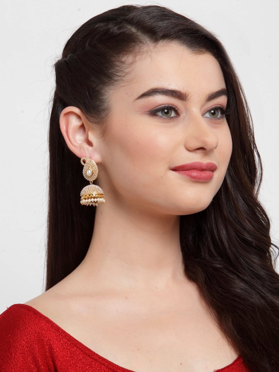Anikas Creation Off-White & Gold-Polished Contemporary Jhumkas Anikas Creation La Vie Bien Anikas Creation Off-White & Gold-Polished Contemporary Jhumkas