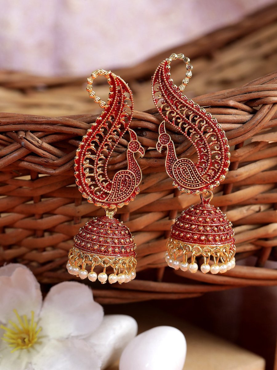Anikas Creation Red & Gold-Polished Peacock Shaped Jhumkas Anikas Creation La Vie Bien Anikas Creation Red & Gold-Polished Peacock Shaped Jhumkas