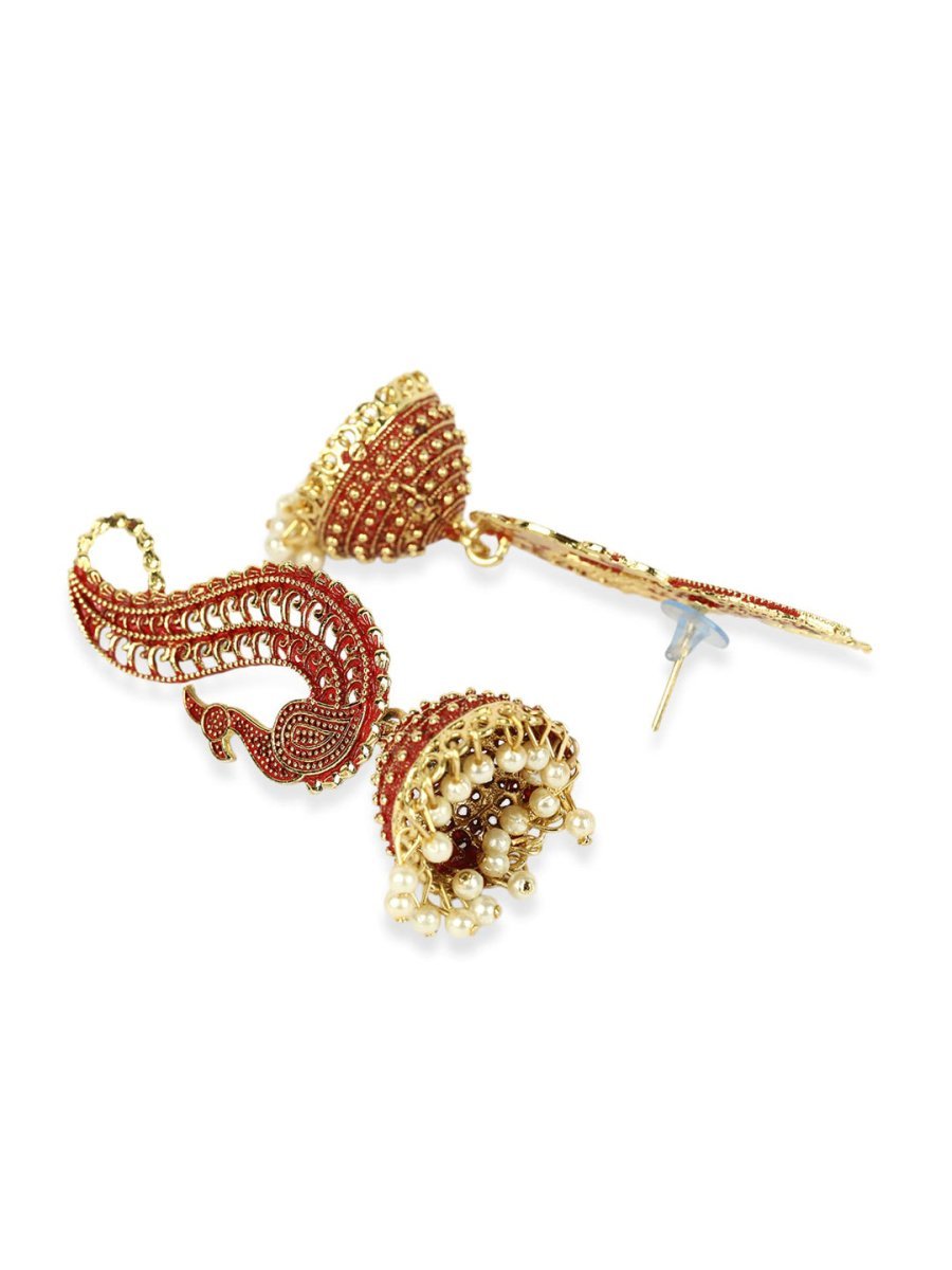 Anikas Creation Red & Gold-Polished Peacock Shaped Jhumkas Anikas Creation La Vie Bien Anikas Creation Red & Gold-Polished Peacock Shaped Jhumkas