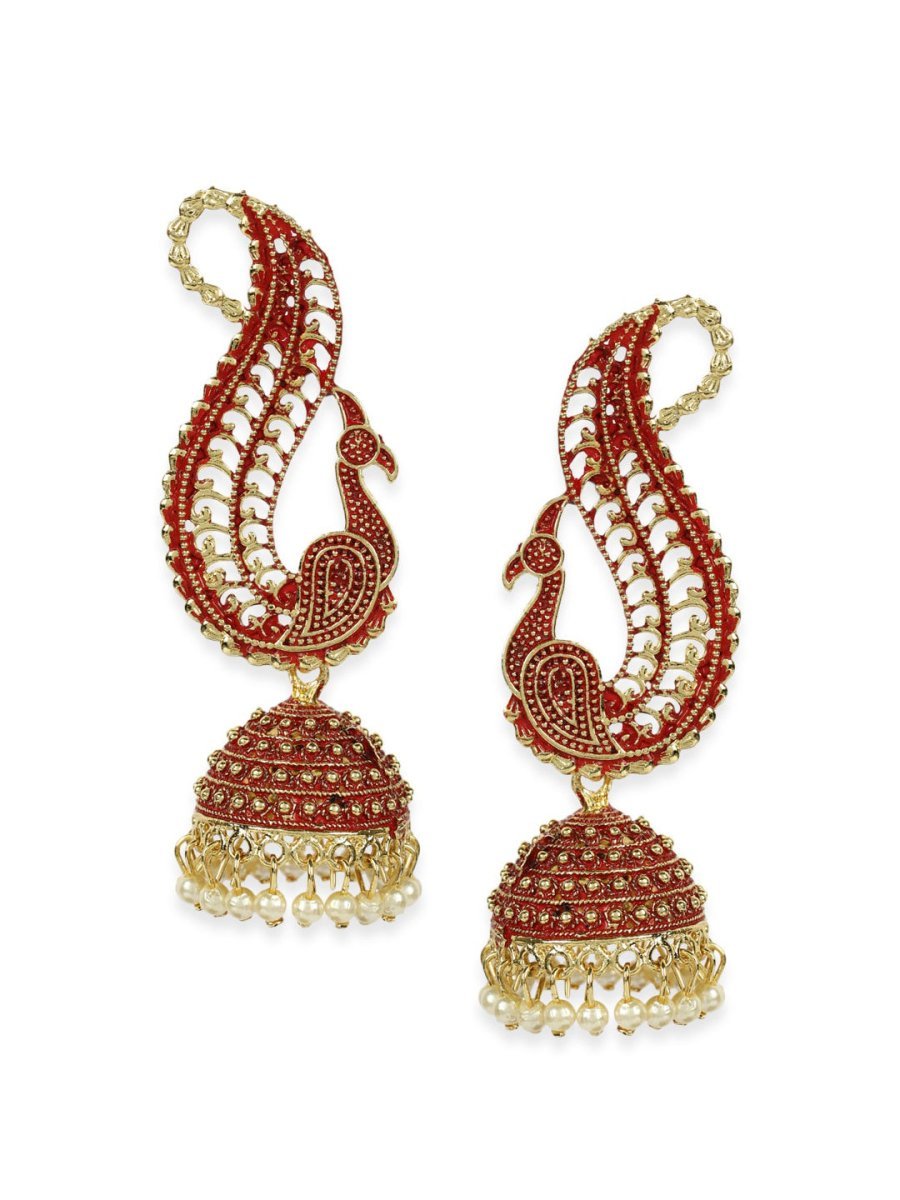 Anikas Creation Red & Gold-Polished Peacock Shaped Jhumkas Anikas Creation La Vie Bien Anikas Creation Red & Gold-Polished Peacock Shaped Jhumkas