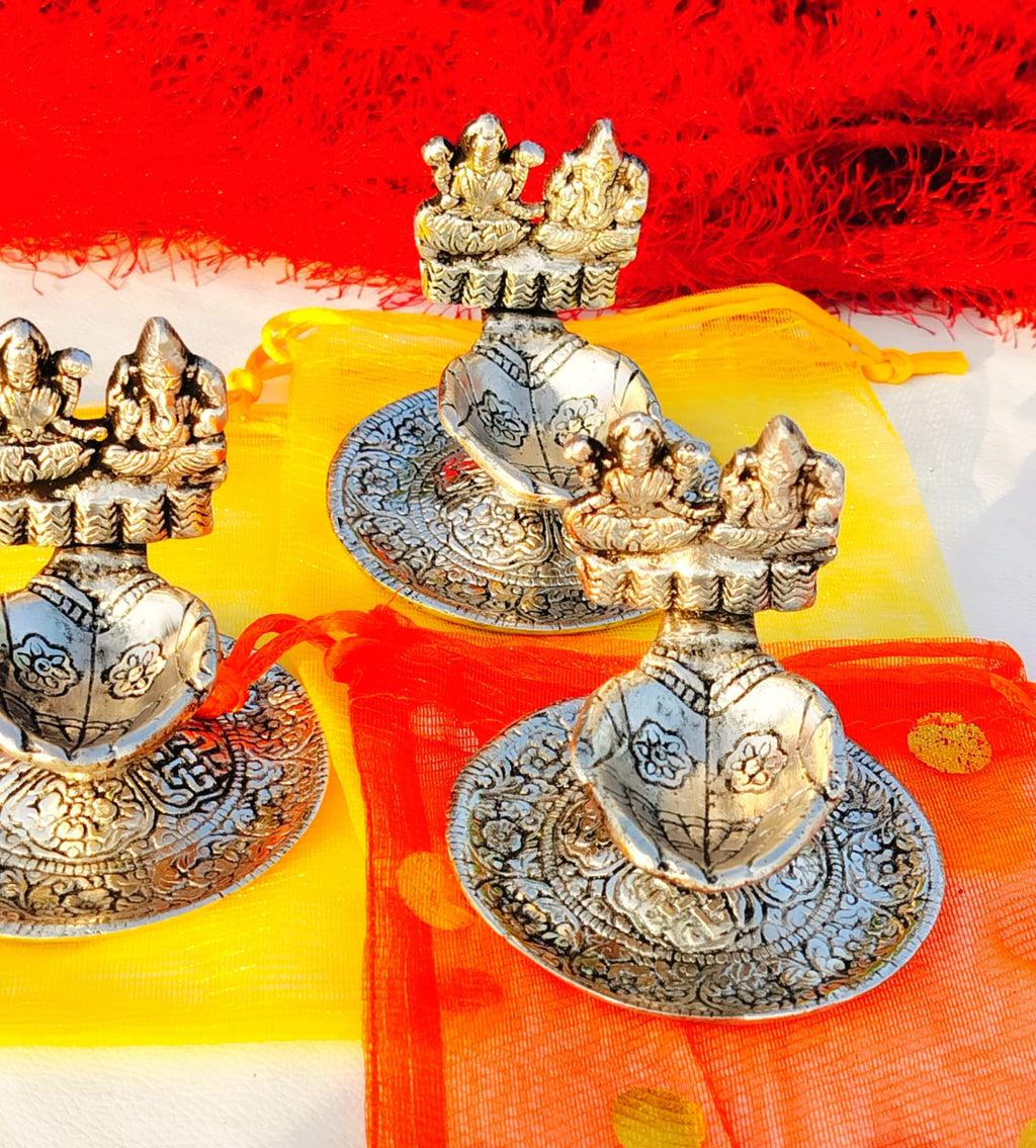 Antique Finish German Silver Laxmi Ganesh Diya La Vie Bien Antique Finish German Silver Laxmi Ganesh Diya