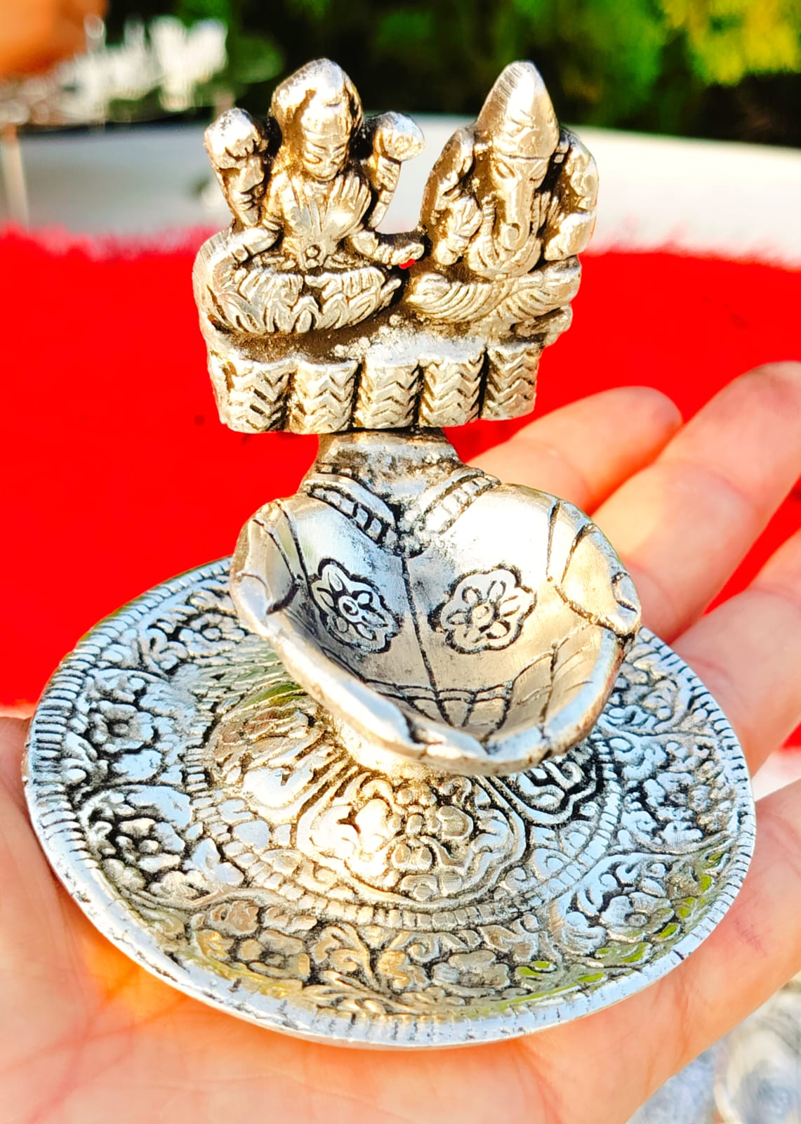 Antique Finish German Silver Laxmi Ganesh Diya La Vie Bien Antique Finish German Silver Laxmi Ganesh Diya