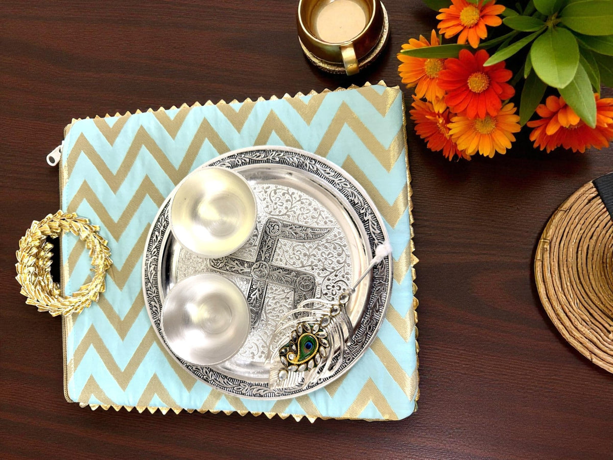 Antique Finish German Silver Tilak Thali Set with Chevron Gota Bag La Vie Bien Antique Finish German Silver Tilak Thali Set with Chevron Gota Bag
