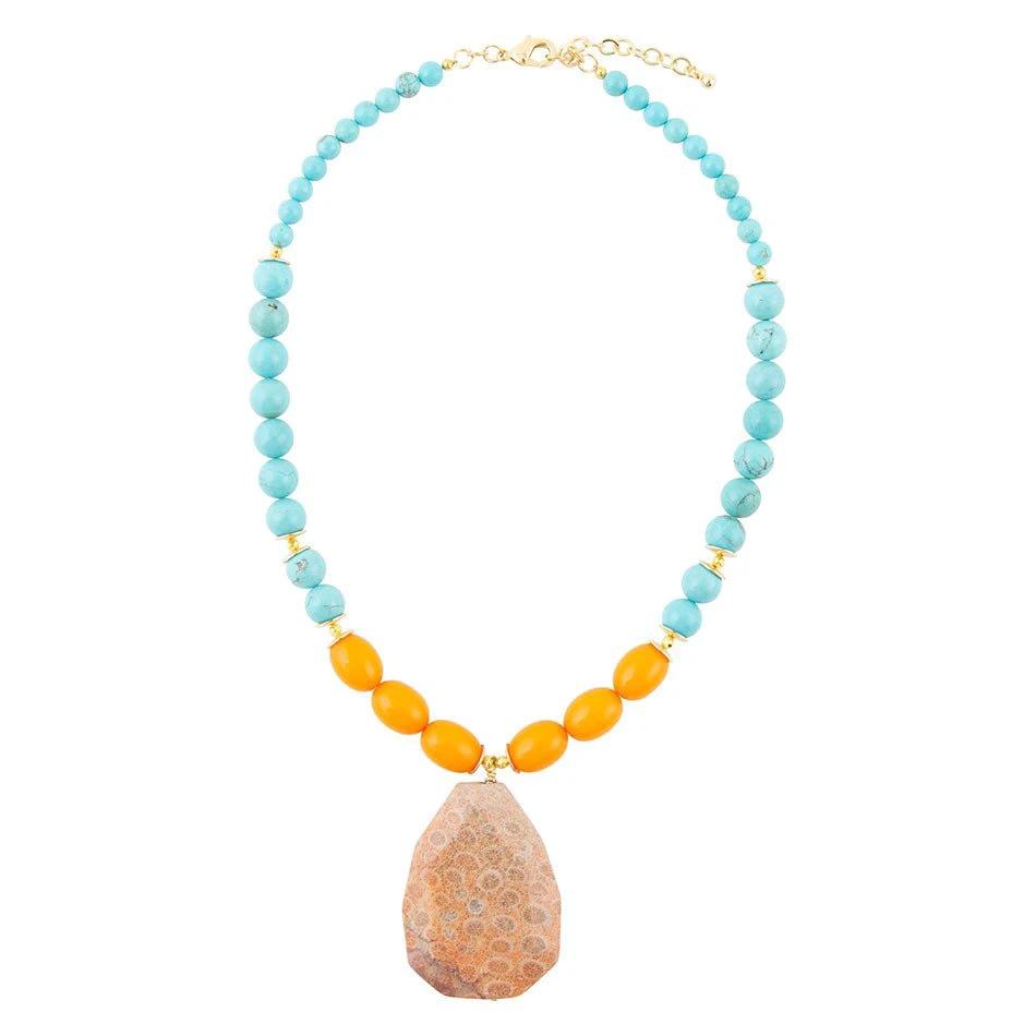 Apricot Fossil Blue Magnesite Golden Pendant Necklace by Barse Jewelry