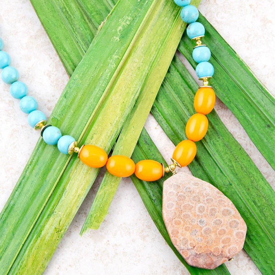 Apricot Fossil Blue Magnesite Golden Pendant Necklace by Barse Jewelry