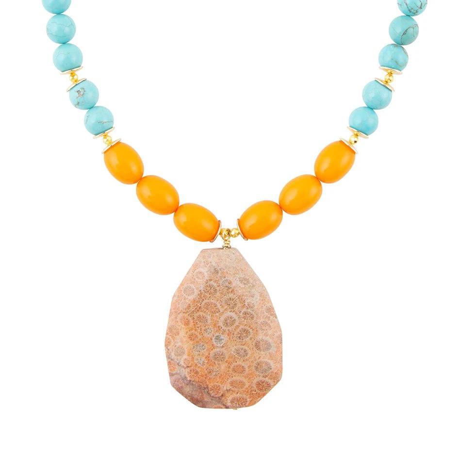 Apricot Fossil Blue Magnesite Golden Pendant Necklace by Barse Jewelry