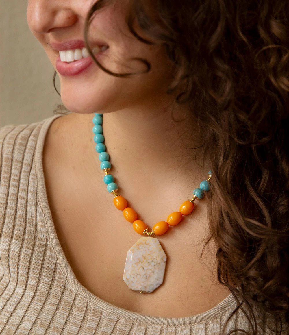 Apricot Fossil Blue Magnesite Golden Pendant Necklace by Barse Jewelry