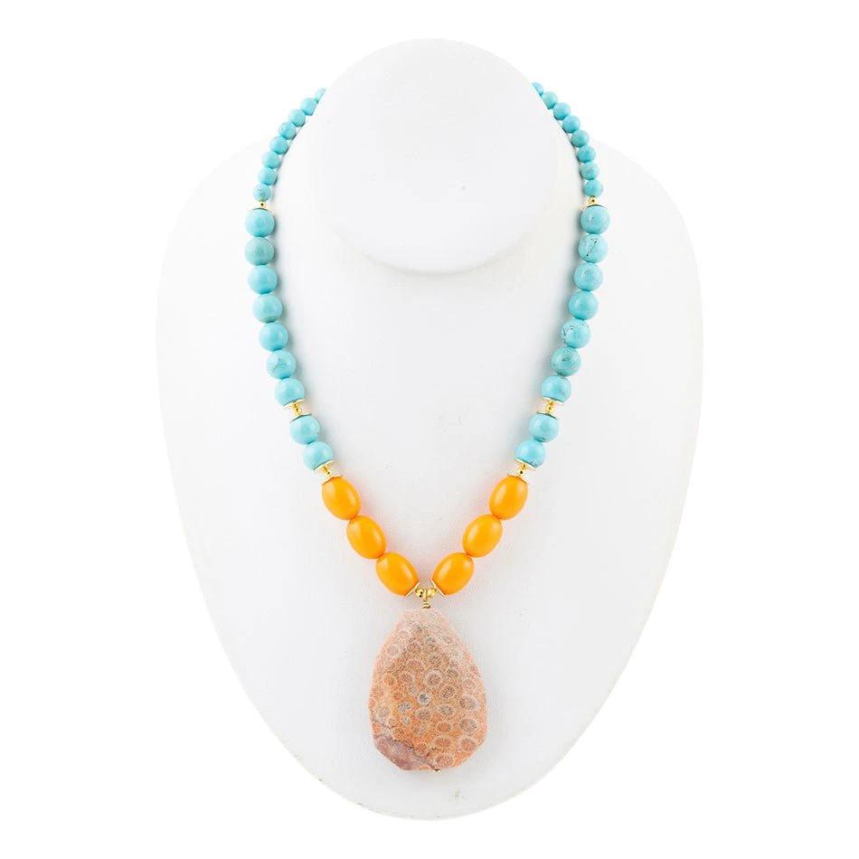 Apricot Fossil Blue Magnesite Golden Pendant Necklace by Barse Jewelry