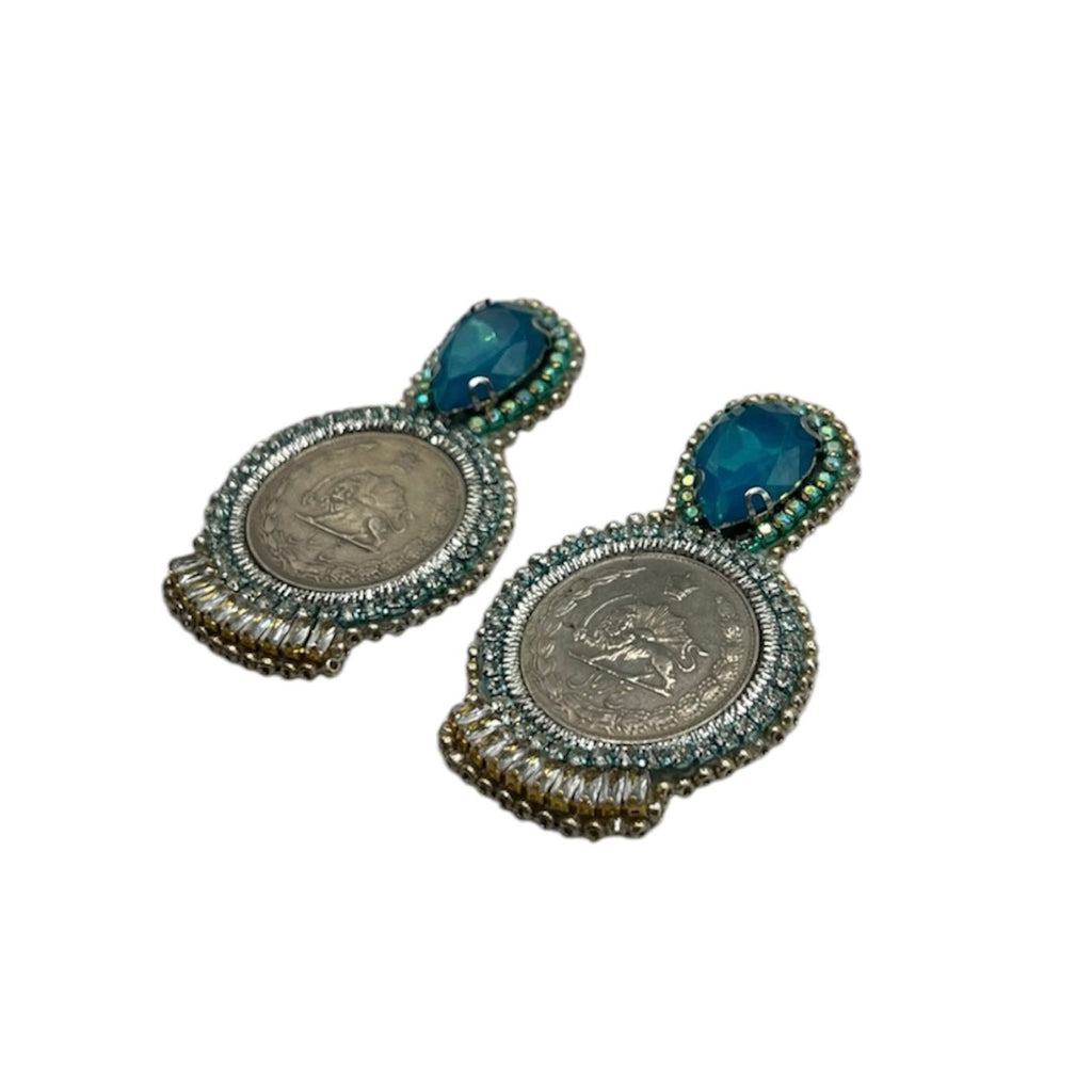 Aqua and Silver Coin Mazaheri Earrings Earrings La Vie Bien Aqua and Silver Coin Mazaheri Earrings