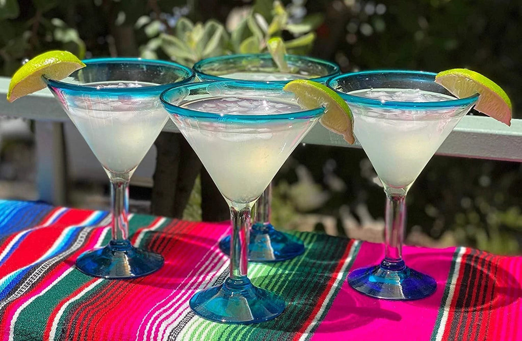 Aqua Rim Modern Margarita Glasses - Martini Style - Set of 4 (12 oz each) by Dos Sueños