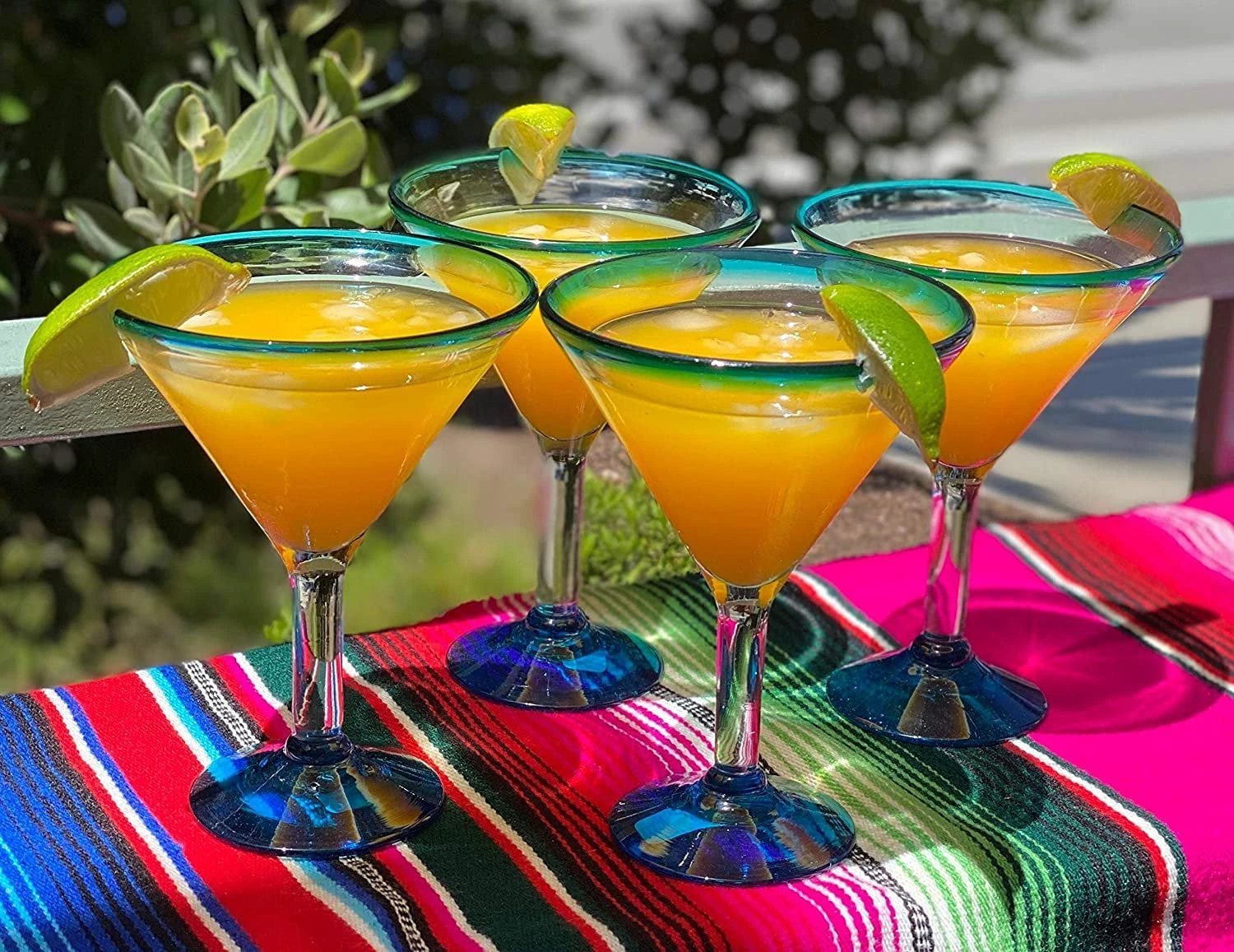 Aqua Rim Modern Margarita Glasses - Martini Style - Set of 4 (12 oz each) by Dos Sueños