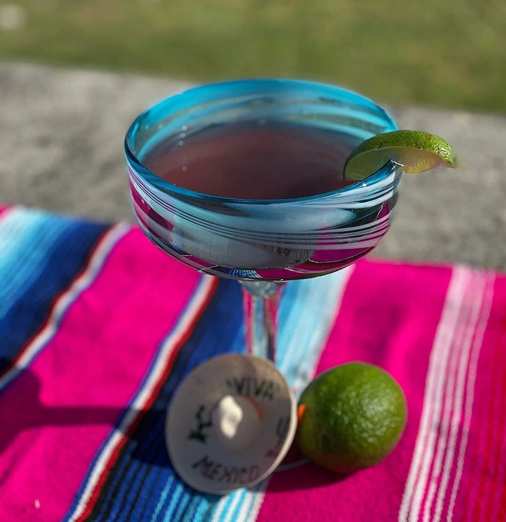 Aqua Swirl Design Margarita Glasses- Set of 4 (16 oz each) by Dos Sueños