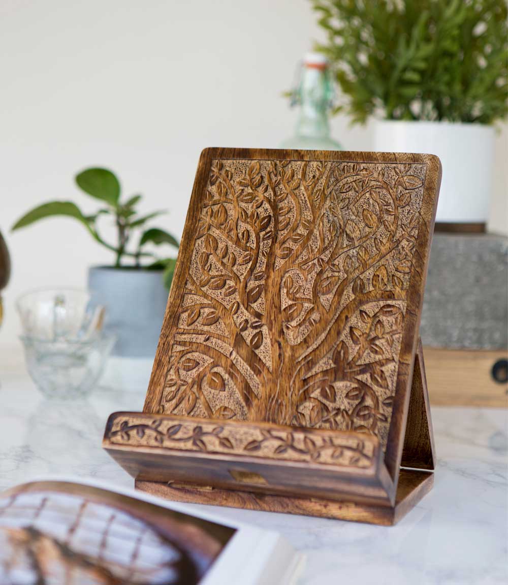 Aranyani Tree of Life Book Holder Tablet Stand - Hand Carved Wood HME stock line La Vie Bien Aranyani Tree of Life Book Holder Tablet Stand - Hand Carved Wood
