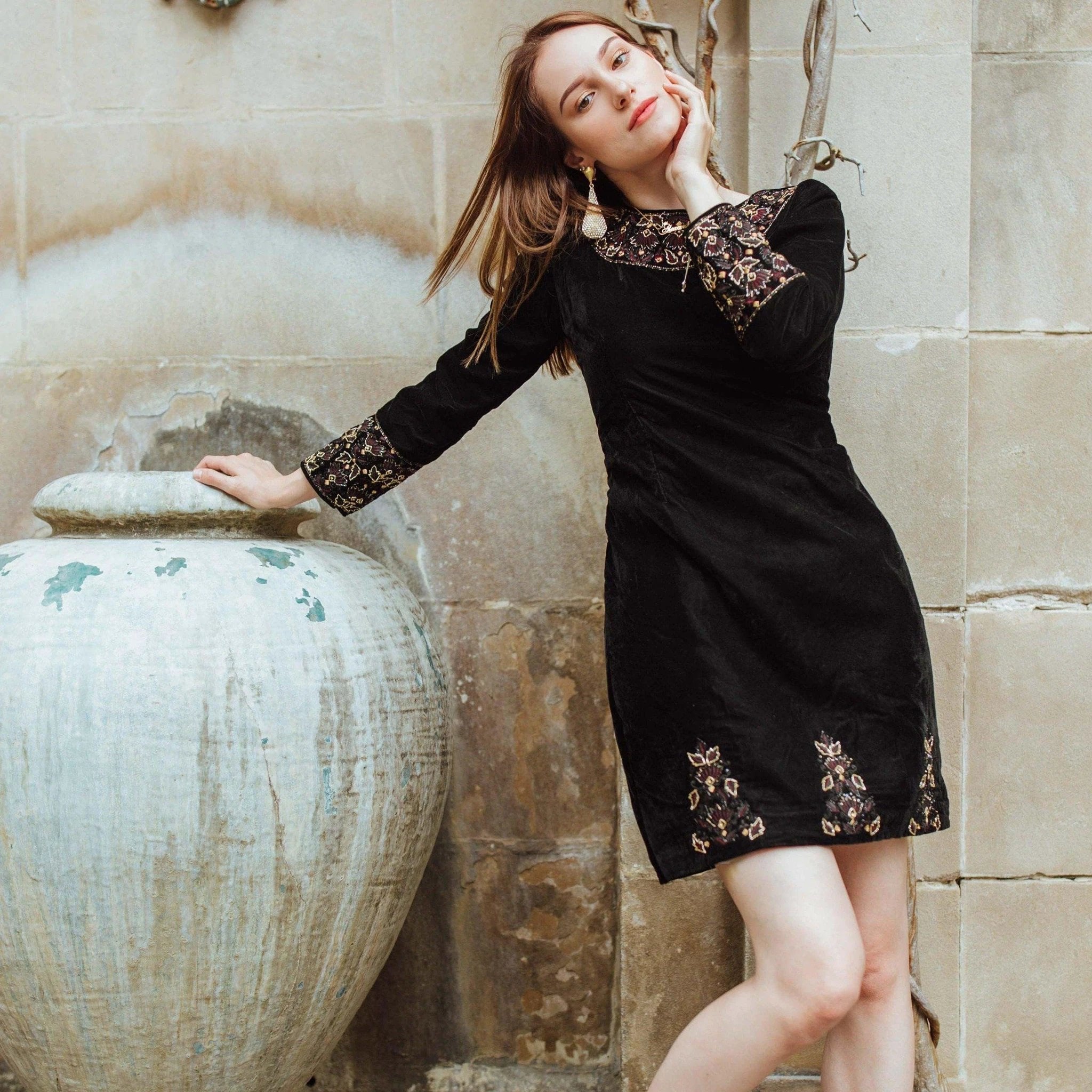 Arial Black Velvet Dress with Hand Embroidery by Raas