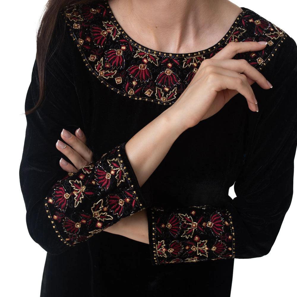 Arial Black Velvet Dress with Hand Embroidery by Raas