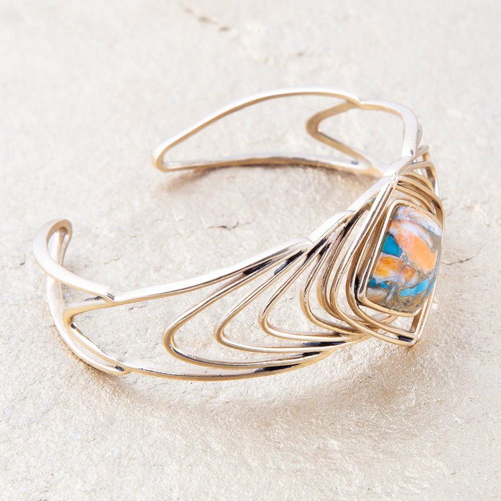 Arrows Blue Turquoise and Orange Spiny Oyster Matrix Golden Cuff Bracelet by Barse Jewelry
