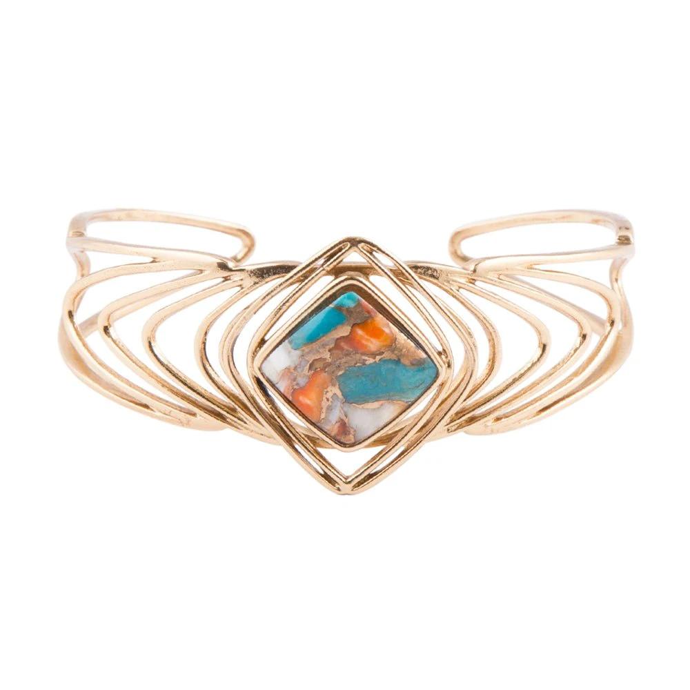 Arrows Blue Turquoise and Orange Spiny Oyster Matrix Golden Cuff Bracelet by Barse Jewelry