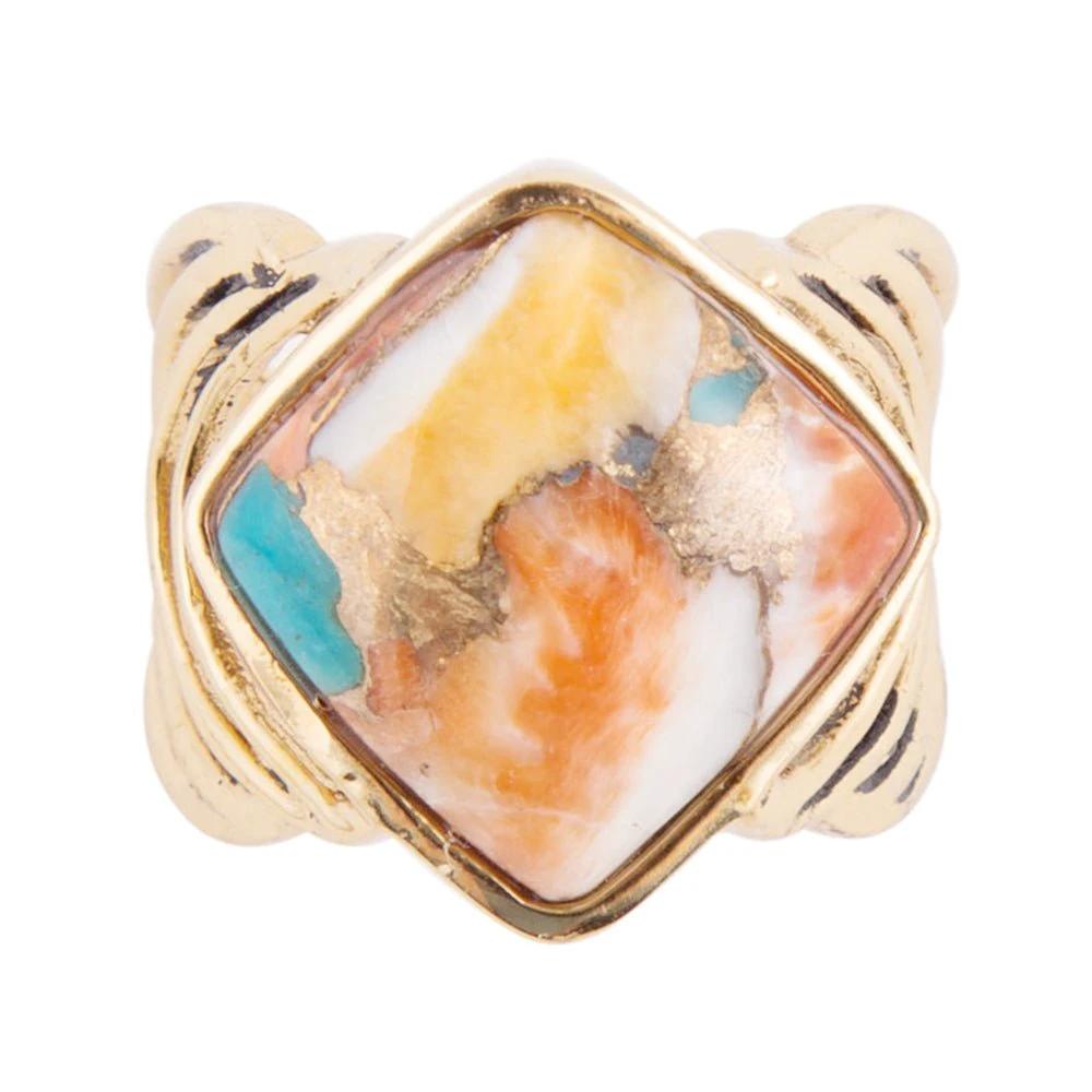 Arrows Blue Turquoise and Orange Spiny Oyster Matrix Golden Ring by Barse Jewelry