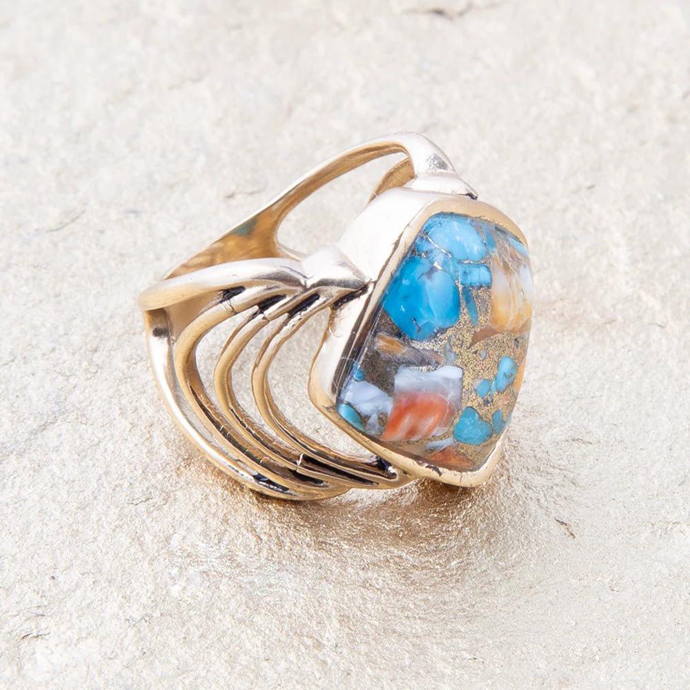 Arrows Blue Turquoise and Orange Spiny Oyster Matrix Golden Ring by Barse Jewelry