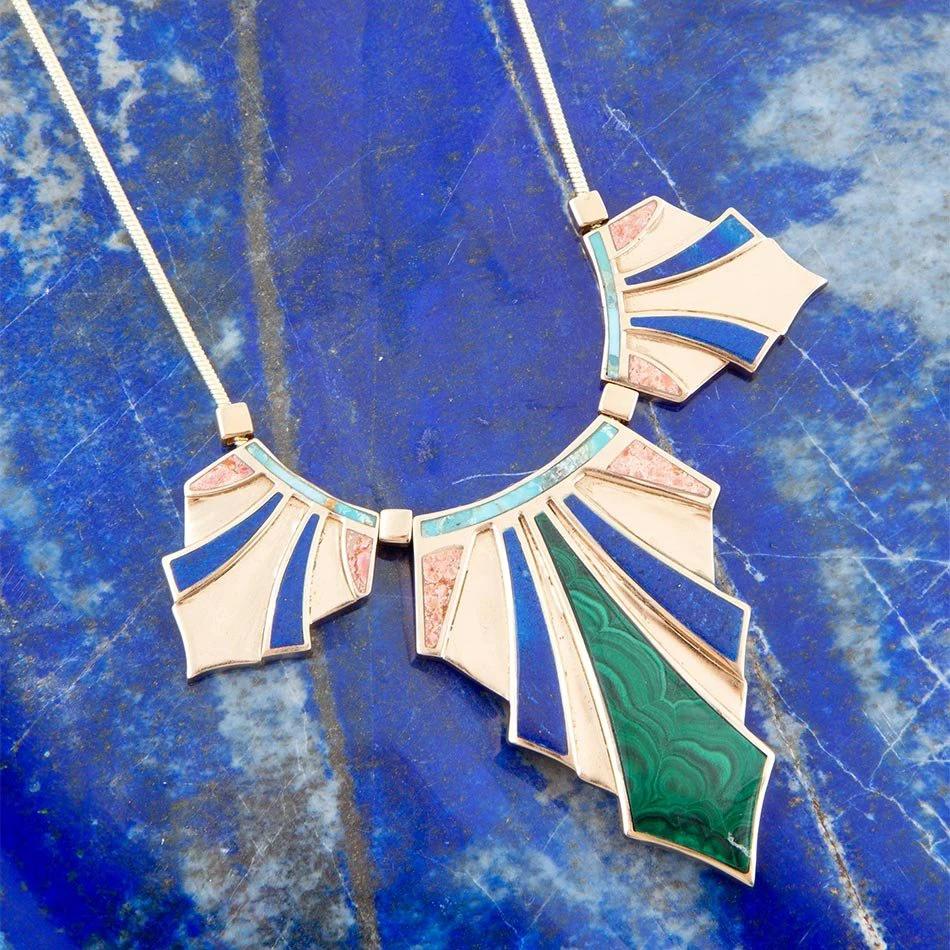 Art Deco Colorful Inlaid Golden Statement Necklace by Barse Jewelry