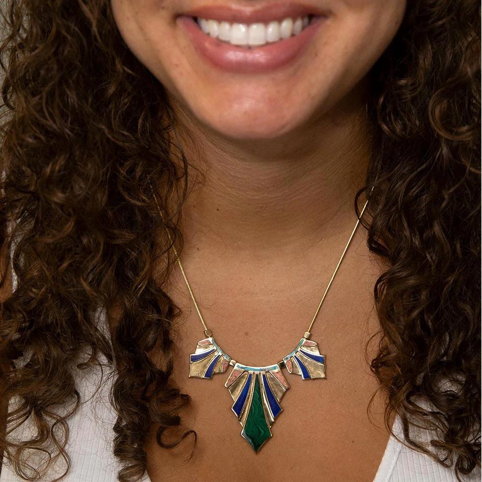 Art Deco Colorful Inlaid Golden Statement Necklace by Barse Jewelry