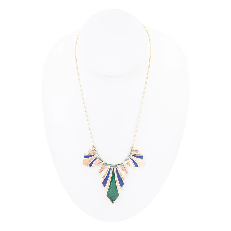 Art Deco Colorful Inlaid Golden Statement Necklace by Barse Jewelry