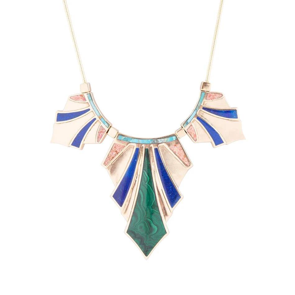 Art Deco Colorful Inlaid Golden Statement Necklace by Barse Jewelry