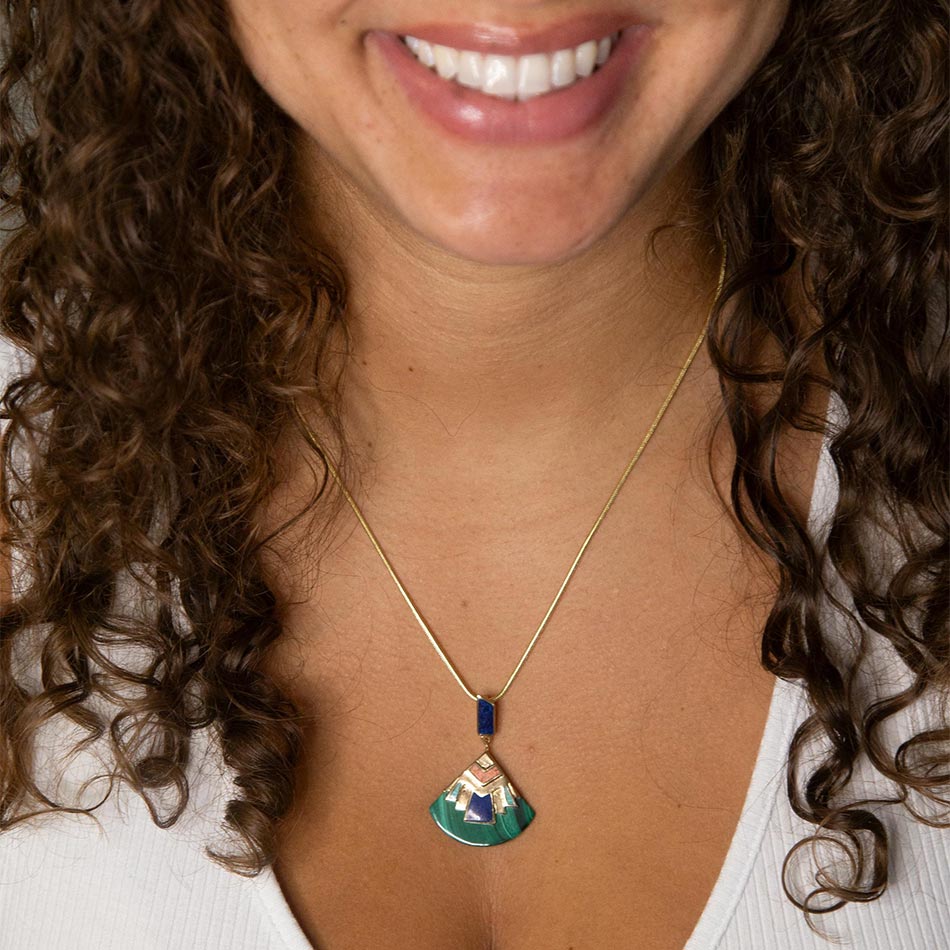 Art Deco Colorful Inlay Golden Pendant Necklace Necklaces La Vie Bien Art Deco Colorful Inlay Golden Pendant Necklace