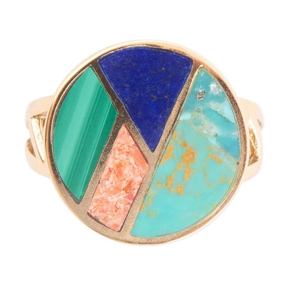 Art Deco Colorful Inlay Golden Ring by Barse Jewelry