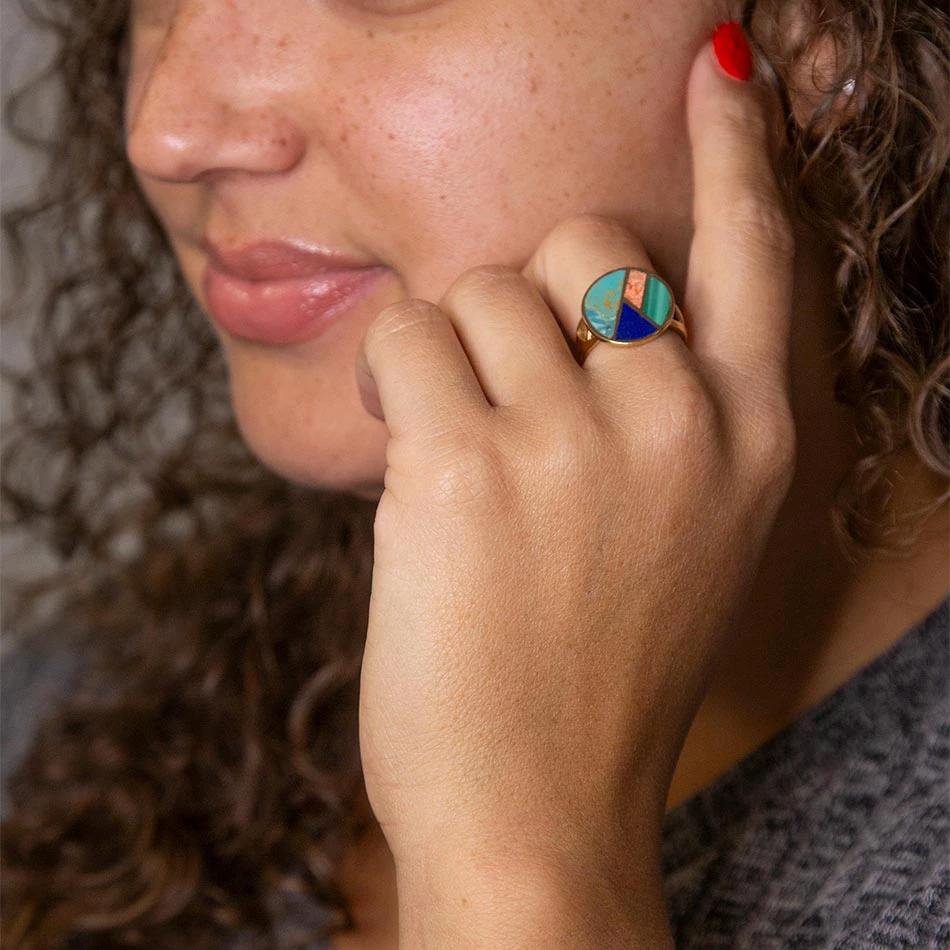 Art Deco Colorful Inlay Golden Ring by Barse Jewelry