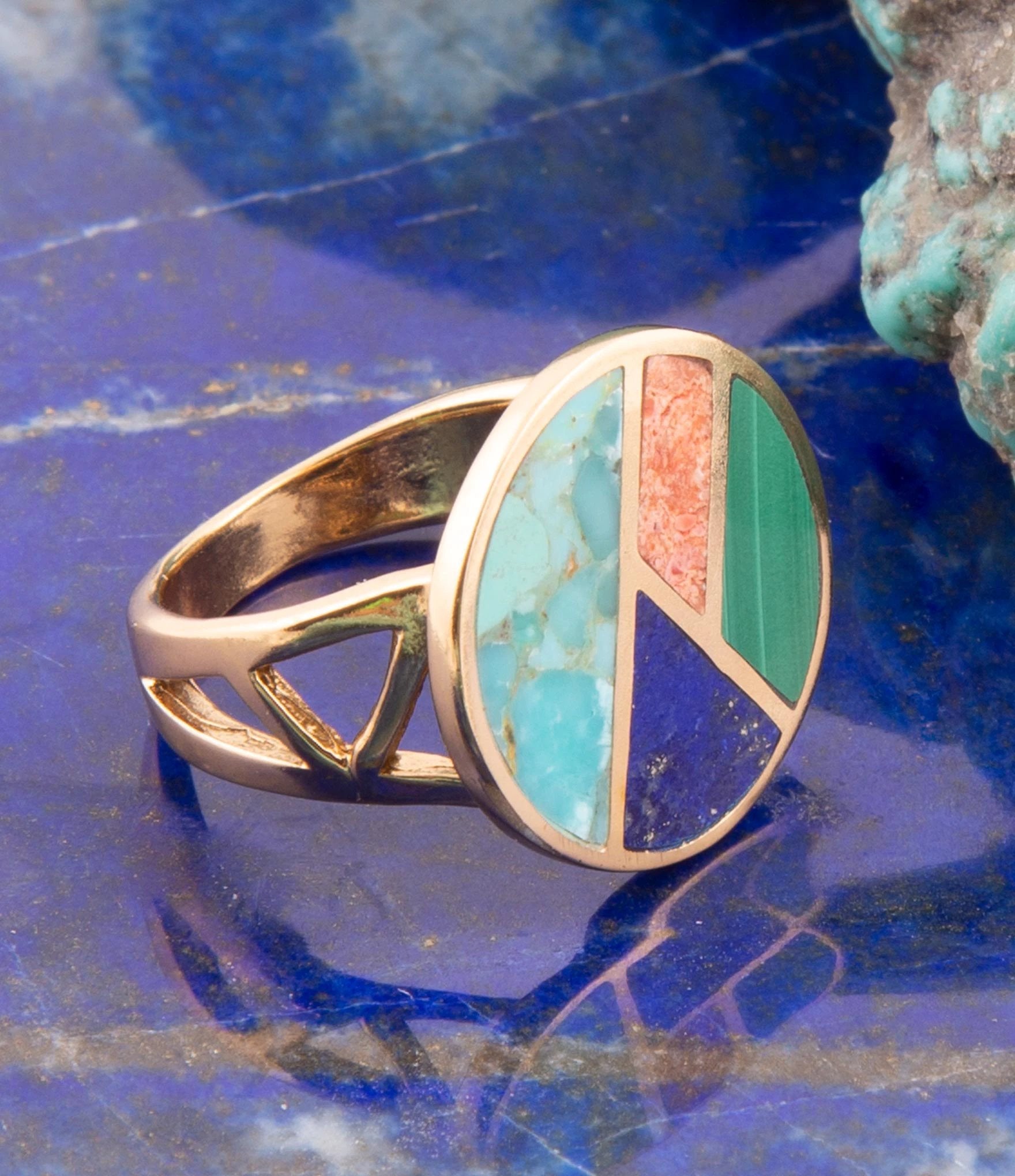 Art Deco Colorful Inlay Golden Ring by Barse Jewelry