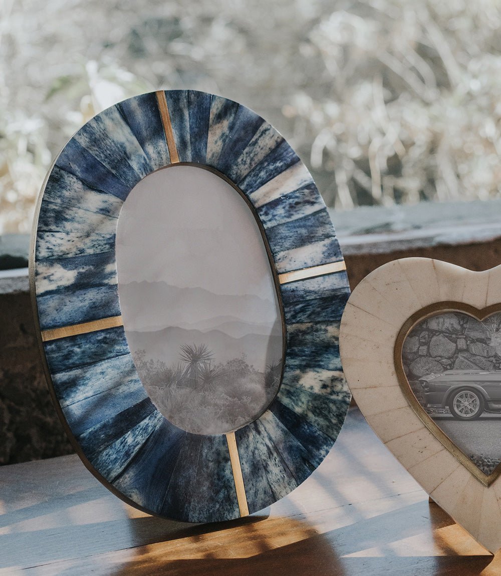 Artemis Indigo Oval 4x6 Picture Frame - Carved Bone, Fair Trade HME stock line La Vie Bien Artemis Indigo Oval 4x6 Picture Frame - Carved Bone, Fair Trade