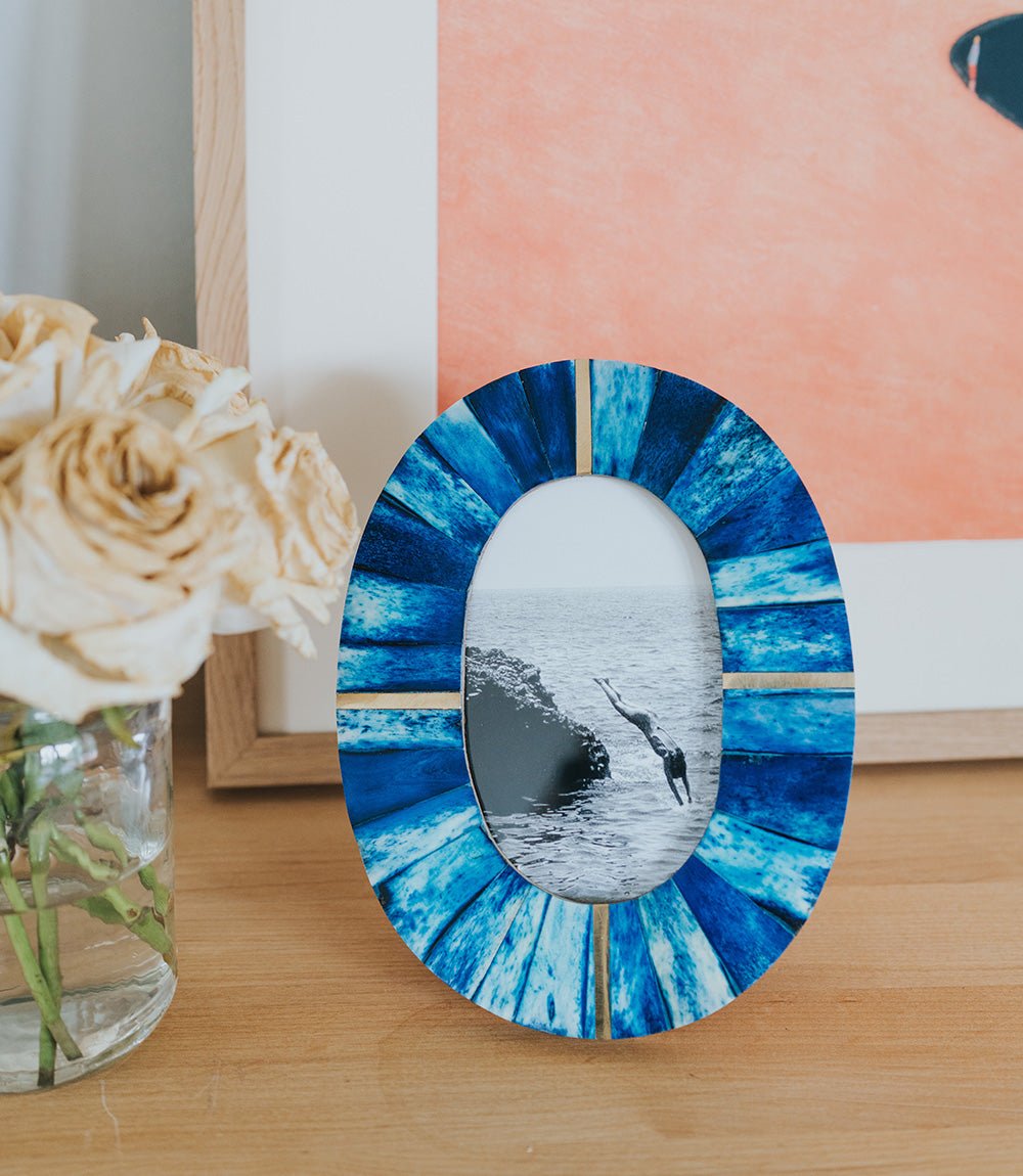 Artemis Indigo Oval 4x6 Picture Frame - Carved Bone, Fair Trade HME stock line La Vie Bien Artemis Indigo Oval 4x6 Picture Frame - Carved Bone, Fair Trade