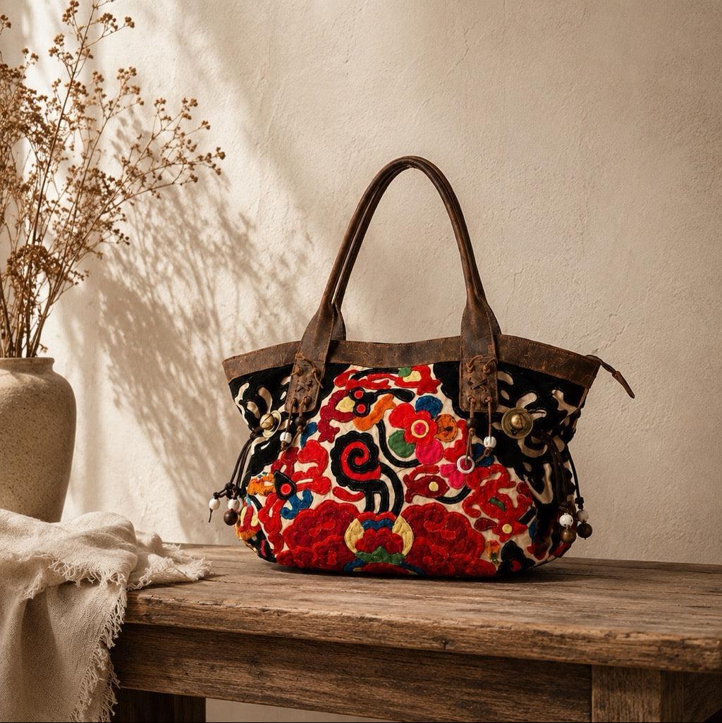 Artista Applique Textile Unique Leather Shoulder Handbag Tote - Thailand Bags La Vie Bien Artista Applique Textile Unique Leather Shoulder Handbag Tote - Thailand