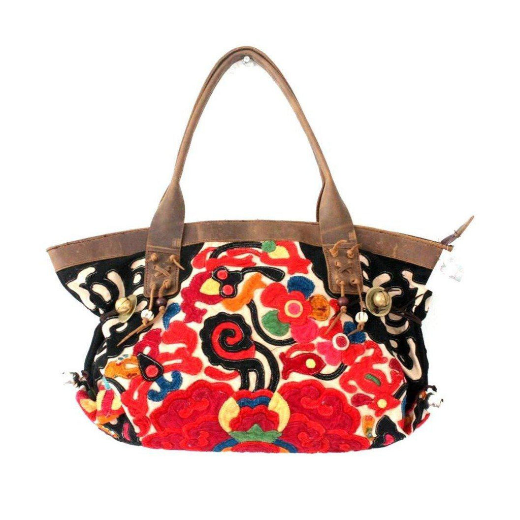 Artista Applique Textile Unique Leather Shoulder Handbag Tote - Thailand Bags La Vie Bien Artista Applique Textile Unique Leather Shoulder Handbag Tote - Thailand
