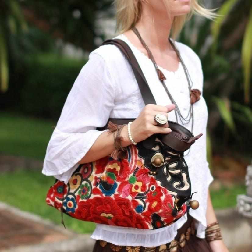 Artista Applique Textile Unique Leather Shoulder Handbag Tote - Thailand Bags La Vie Bien Artista Applique Textile Unique Leather Shoulder Handbag Tote - Thailand