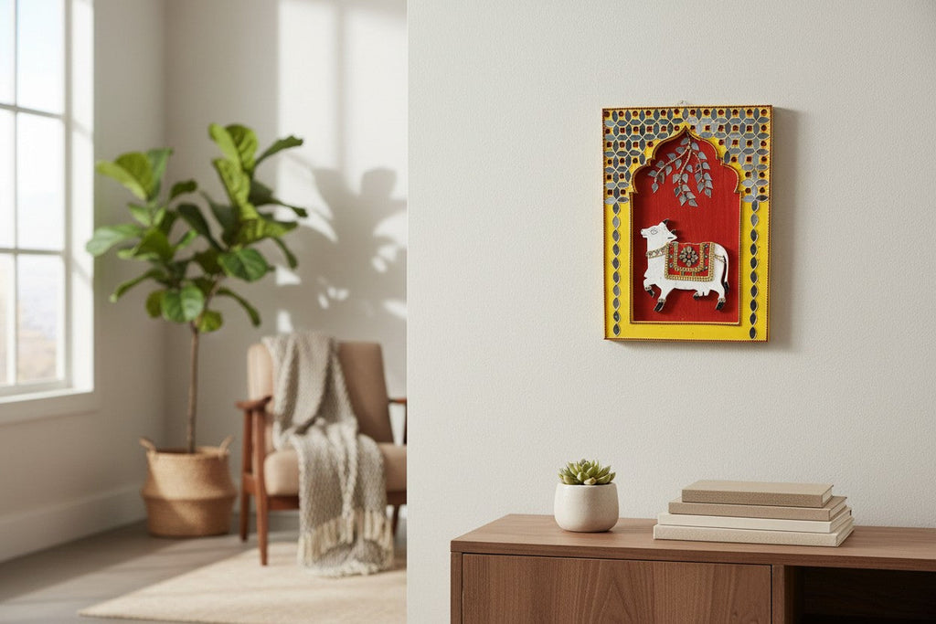 Handmade Lippan Art Wall Hanging, 11 x 8 Inch, Wall Decoration Items for Living Room, Wall Hanging Decor, Handmade Wall Hangings for Home Decoration, Wall Decor, Office (Pichwai Cow)