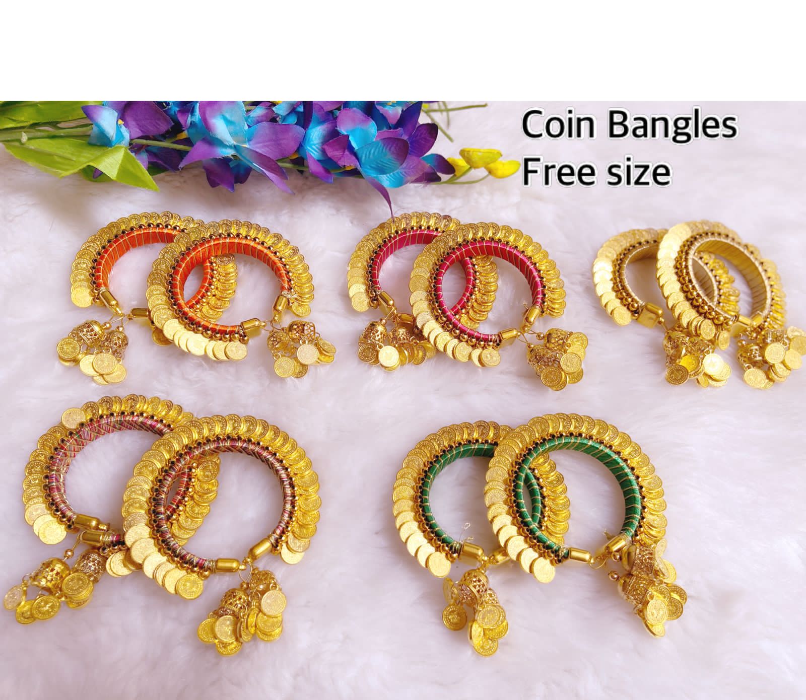 Assorted & Adjustable Penny Bangles with Dangler, Set of 4 Accessories La Vie Bien Assorted & Adjustable Penny Bangles with Dangler, Set of 4