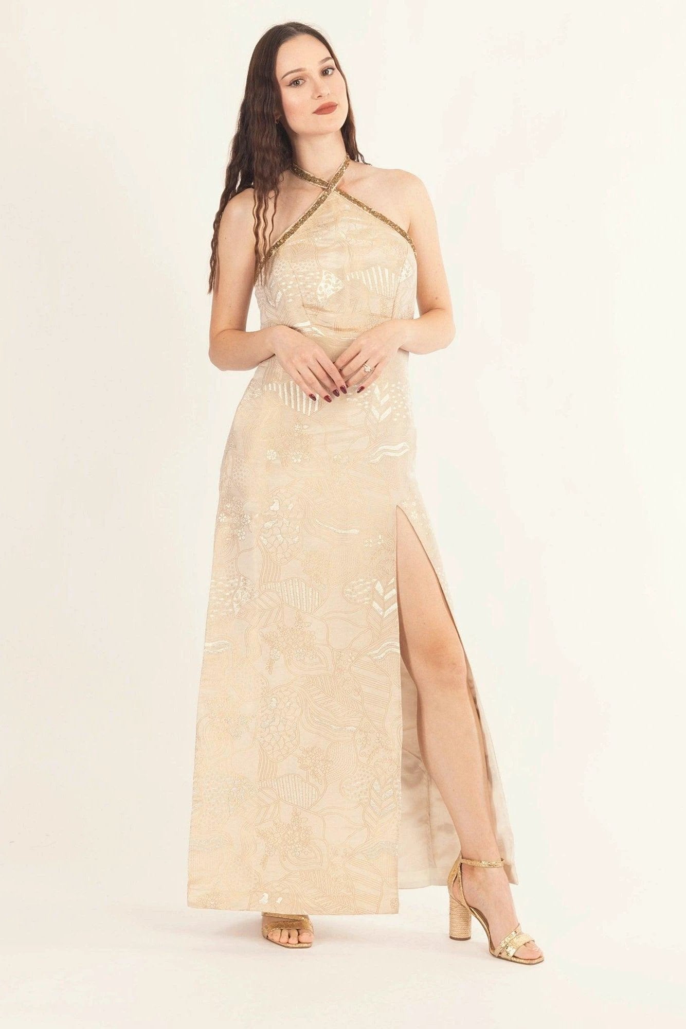 Athena Tan Long Dress with Slit by Raas