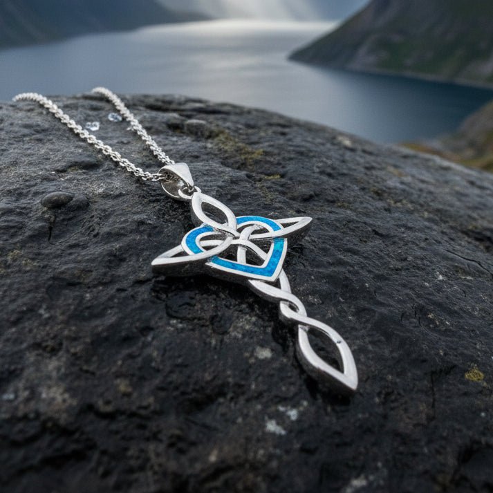 Aurora Opal Celtic Cross Necklace in Sterling Silver Pendant La Vie Bien Aurora Opal Celtic Cross Necklace in Sterling Silver