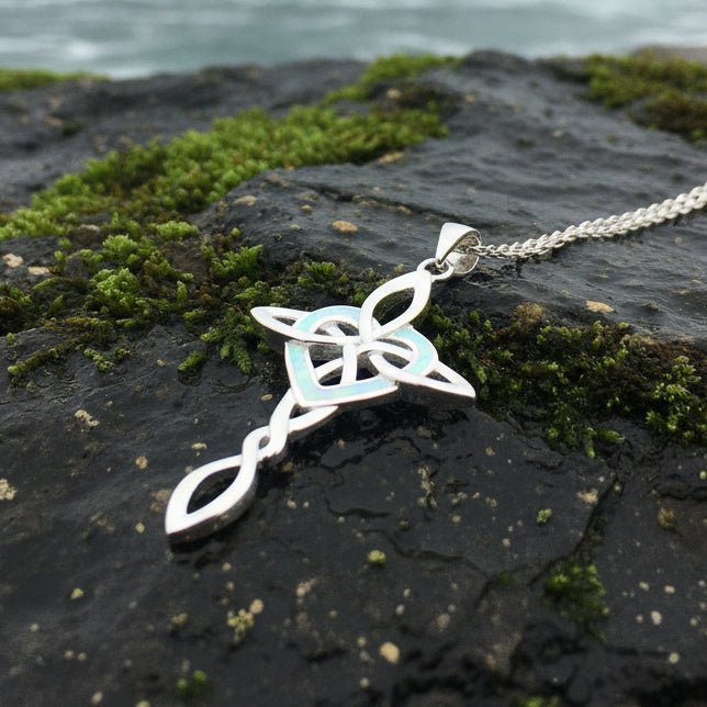 Aurora Opal Celtic Cross Necklace in Sterling Silver Pendant La Vie Bien Aurora Opal Celtic Cross Necklace in Sterling Silver