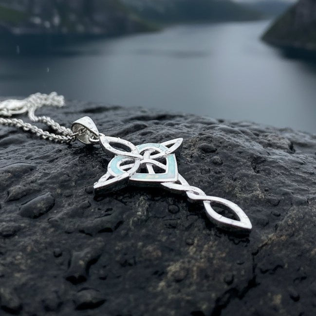 Aurora Opal Celtic Cross Necklace in Sterling Silver Pendant La Vie Bien Aurora Opal Celtic Cross Necklace in Sterling Silver