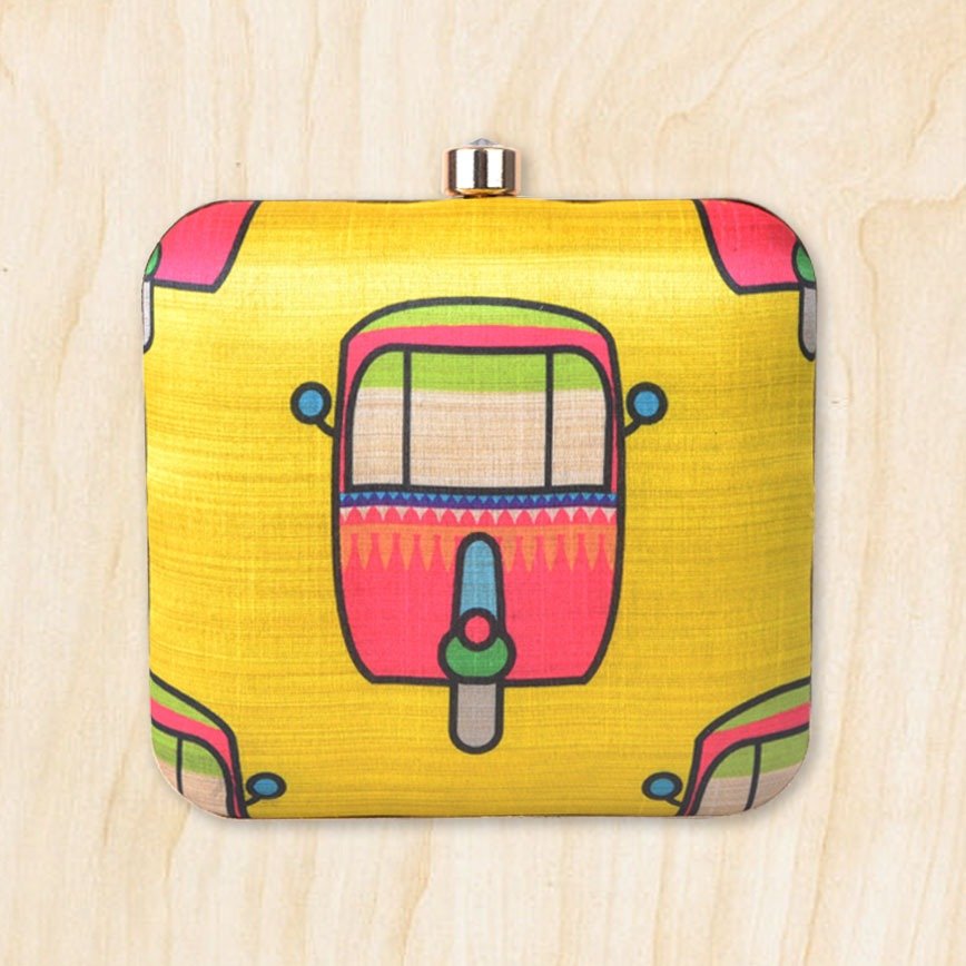 Auto Rickshaw Print Square Clutch with Chain to Carry Clutch La Vie Bien Auto Rickshaw Print Square Clutch with Chain to Carry