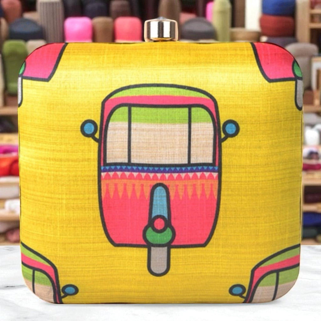 Auto Rickshaw Print Square Clutch with Chain to Carry Clutch La Vie Bien Auto Rickshaw Print Square Clutch with Chain to Carry