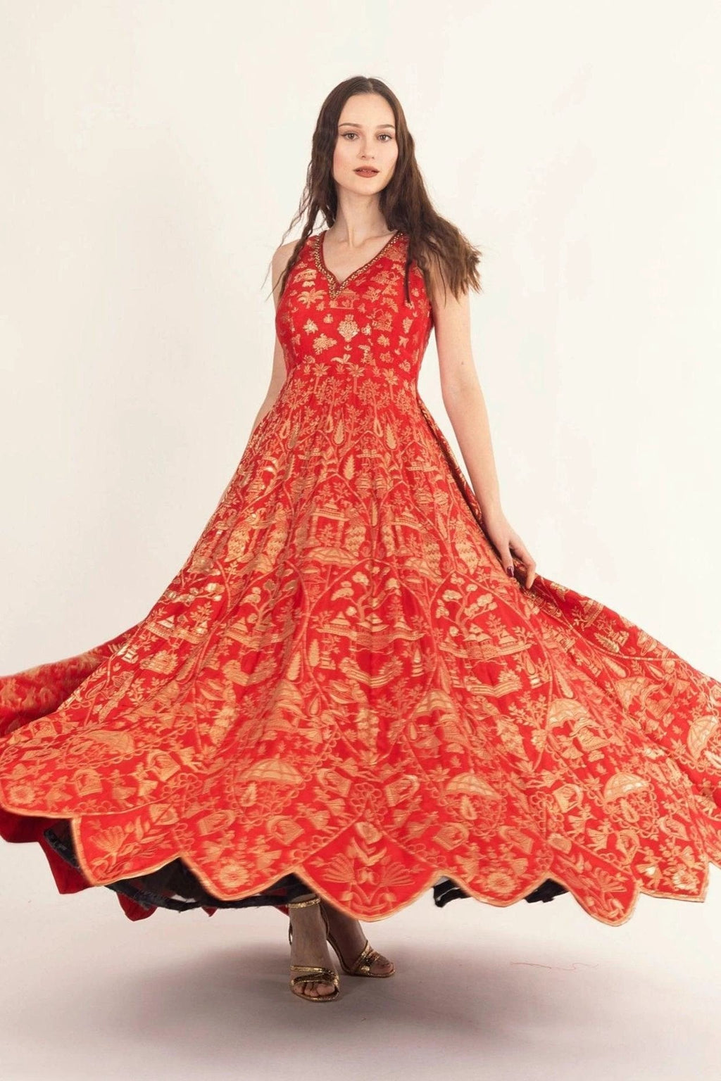 Azalea Jacquard Silk Red Gown by Raas
