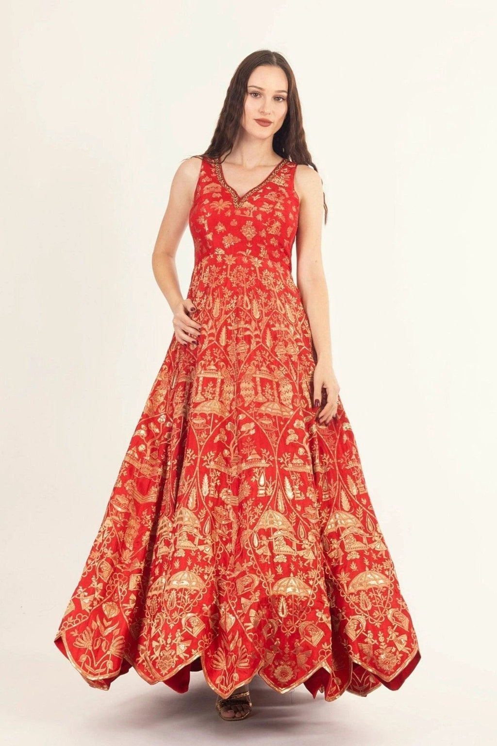 Azalea Jacquard Silk Red Gown by Raas