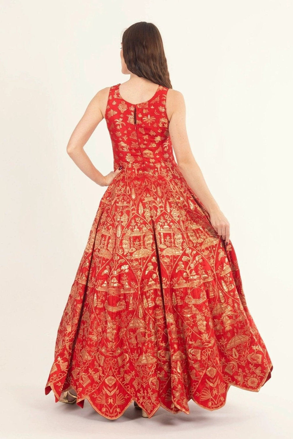 Azalea Jacquard Silk Red Gown by Raas